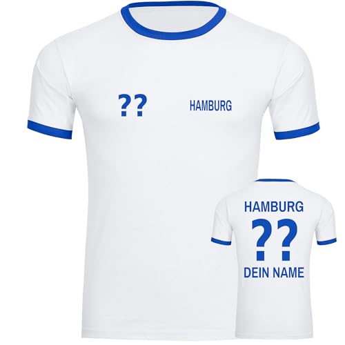 VIMAVERTRIEB® Herren Kontrast T-Shirt Hamburg - Trikot mit Deinem Namen und Nummer - Druck: blau - Männer Shirt Wunschtext - Größe: L weiß/blau von VIMAVERTRIEB