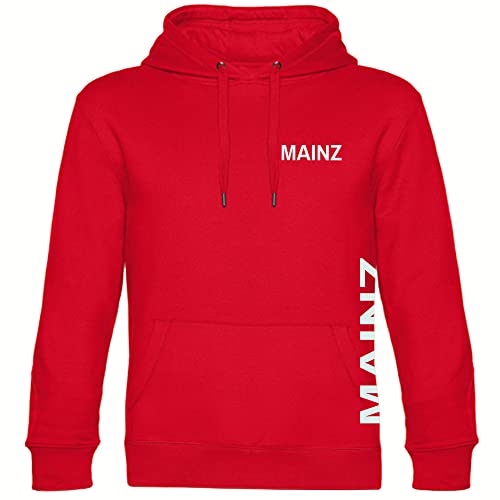 VIMAVERTRIEB® Kapuzen Sweatshirt Mainz - Brust & Seite - Druck: weiß - Shirt Pulli Hoodie Fußball Fanartikel Fanshop - Größe: S rot von VIMAVERTRIEB