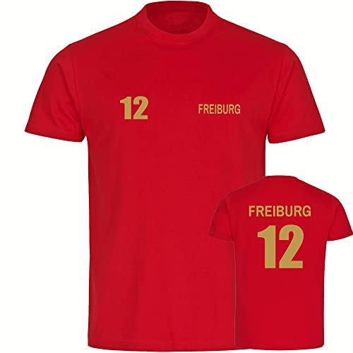 VIMAVERTRIEB® Kinder T-Shirt Freiburg - Trikot 12 - Druck: Gold metallik - Shirt Jungen Mädchen Fußball Fanartikel Fanshop - Größe: 140 rot von VIMAVERTRIEB