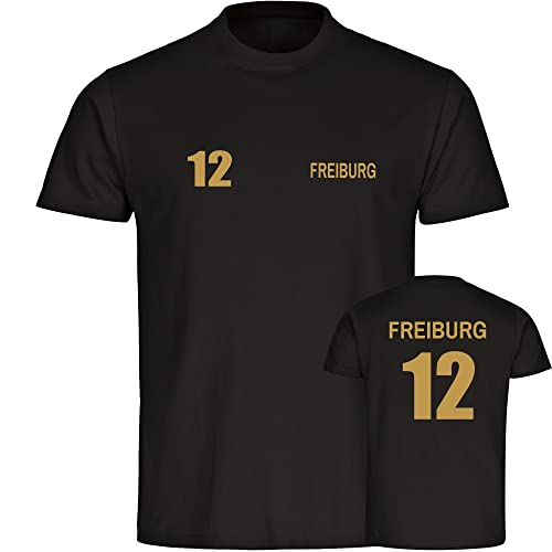 VIMAVERTRIEB® Kinder T-Shirt Freiburg - Trikot 12 - Druck: Gold metallik - Shirt Jungen Mädchen Fußball Fanartikel Fanshop - Größe: 140 schwarz von VIMAVERTRIEB