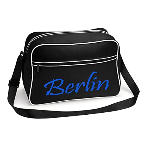 VIMAVERTRIEB® Retrotasche breit Berlin - Schriftzug - Druck: blau - Tasche Umhängetasche Fußball Fanartikel Fanshop - schwarz/weiß von VIMAVERTRIEB