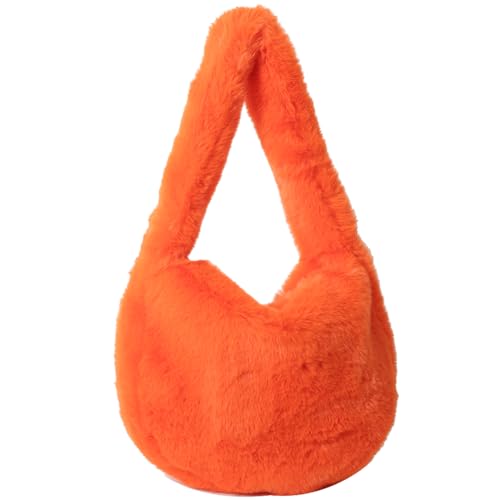 VIMAZ Frauen Fuzzy Umhängetasche Reißverschluss Kunstfell Tote Weiche Plüsch Telefon Tasche Flauschige Hobo Tasche Casual Herbst Winter, Orange, 35*25*10.5cm/13.78*9.84*4.13in von VIMAZ