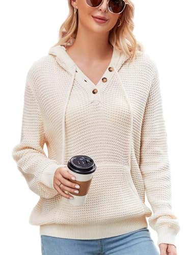 VIMPUNEC 2024 Herbst Damen Übergroße Hoodies Strick V-Ausschnitt Pullover Mode Casual Pullover Tops, B Apricot, S von VIMPUNEC