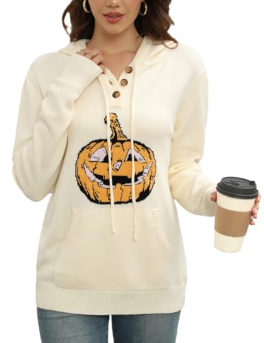 VIMPUNEC 2024 Herbst Damen Übergroße Hoodies Strick V-Ausschnitt Pullover Mode Casual Pullover Tops, E Aprikose Kürbis, XL von VIMPUNEC