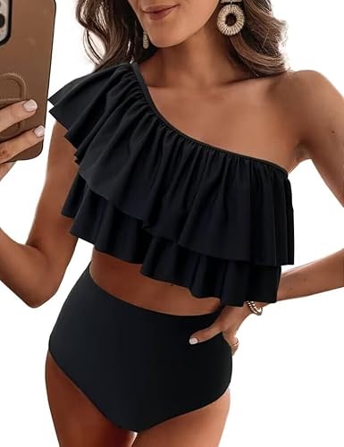 VIMPUNEC Rüschen One Shoulder Badeanzüge für Frauen Niedliche hohe Taille Zweiteilige Badeanzüge, solide, schwarz, X-Large von VIMPUNEC