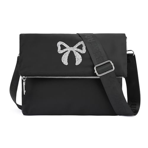VIMUTI Kleine Umhängetasche Damen, Handtasche Damen Schwarz Nylon Crossbody Bag Damen Reisetasche Mit Erweitertem Verstellbarem Schultergurt (Bowknot) von VIMUTI