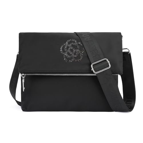 VIMUTI Kleine Umhängetasche Damen, Handtasche Damen Schwarz Nylon Crossbody Bag Damen Reisetasche Mit Erweitertem Verstellbarem Schultergurt (Flower2) von VIMUTI