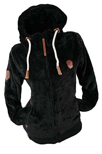 Damen Kuschel Teddy Fleece Sweat Jacke Kapuze Hoodie Velour Velvet Übergangsjacke Uni S-3XL (DE/NL/SE/PL, Alphanumerisch, S, Regular, Regular, Schwarz) von VIN TE