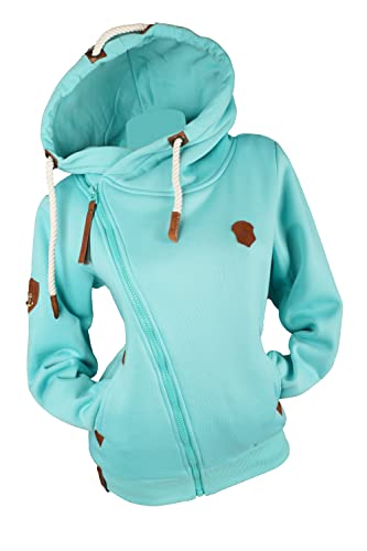 Damen Sweat Jacke XXL Kapuze Hoodie Übergangsjacke Fleece gefüttert schräger Reißverschluss verschiedene Modelle Anker Pfote Uni M - 3XL (as3, alpha, 5x_l, regular, regular, Aquablau-1727, 5XL) von VIN TE