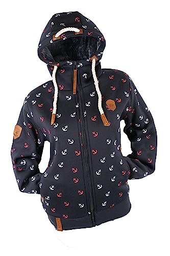 VIN TE Damen Sweat Jacke Hoodie Kapuze dick gefüttert Teddyfell Futter UNI oder mit Anker Muster M - 3XL (as3, alpha, 3x_l, regular, regular, Blau-9917) von VIN TE
