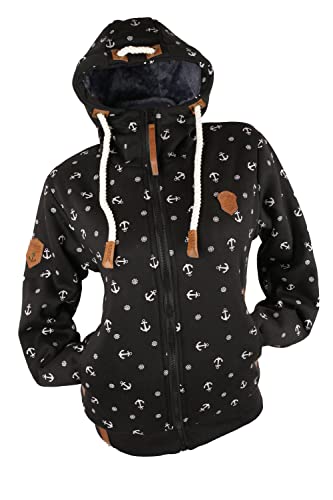 VIN TE Damen Sweat Jacke Hoodie Kapuze dick gefüttert Teddyfell Futter UNI oder mit Anker Muster M - 3XL (as3, alpha, 3x_l, regular, regular, Schwarz-21018, 3XL) von VIN TE