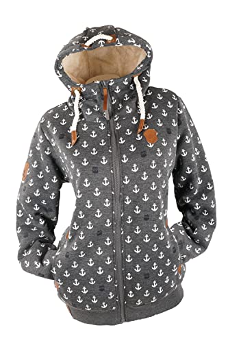 VIN TE Damen Sweat Jacke Hoodie Kapuze dick gefüttert Teddyfell Futter UNI oder mit Anker Muster M - 3XL (as3, alpha, 4x_l, regular, regular, Anthrazit-59, 4XL) von VIN TE