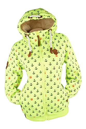 VIN TE Damen Sweat Jacke Hoodie Kapuze dick gefüttert Teddyfell Futter UNI oder mit Anker Muster M - 3XL (as3, alpha, 4x_l, regular, regular, Neongelb-59, 4XL) von VIN TE