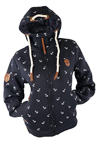VIN TE Damen Sweat Jacke Hoodie Kapuze dick gefüttert Teddyfell Futter UNI oder mit Anker Muster M - 3XL (as3, alpha, l, regular, regular, Blau-21058) von VIN TE