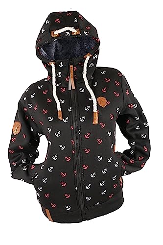 VIN TE Damen Sweat Jacke Hoodie Kapuze dick gefüttert Teddyfell Futter UNI oder mit Anker Muster M - 3XL (as3, alpha, m, regular, regular, Schwarz-9917) von VIN TE