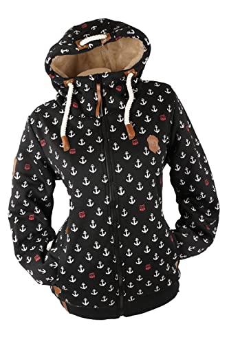 VIN TE Damen Sweat Jacke Hoodie Kapuze dick gefüttert Teddyfell Futter UNI oder mit Anker Muster M - 3XL (as3, alpha, x_l, regular, regular, Schwarz-59, XL) von VIN TE