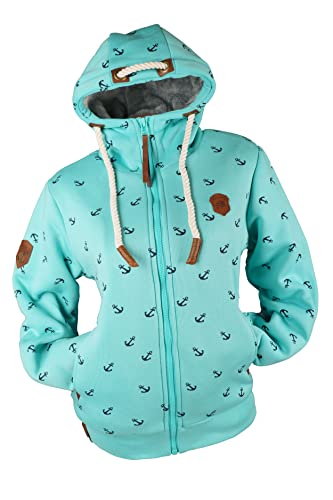 VIN TE Damen Sweat Jacke Hoodie Kapuze dick gefüttert Teddyfell Futter UNI oder mit Anker Muster M - 3XL (as3, alpha, xx_l, regular, regular, Aquablau-21058) von VIN TE