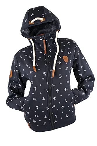 VIN TE Damen Sweat Jacke Hoodie Kapuze dick gefüttert Teddyfell Futter UNI oder mit Anker Muster M - 3XL (as3, alpha, xx_l, regular, regular, Blau-21018, XXL) von VIN TE