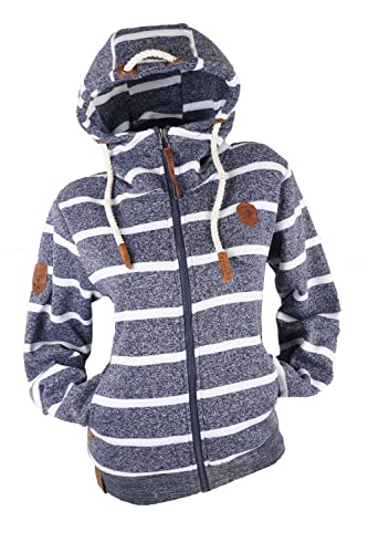 VIN TE Damen Sweat Jacke Kapuze Hoodie Fleece Übergangsjacke Anker Meliert Gestreift oder Unifarben S-7XL (Dunkelblau-Gestreift21003, 3XL) von VIN TE