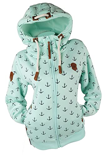 VIN TE Damen Sweat Jacke Kapuze Hoodie Fleece Übergangsjacke Anker Meliert Gestreift oder Unifarben S-7XL (as3, alpha, 4x_l, regular, regular, Türkis-2080) von VIN TE