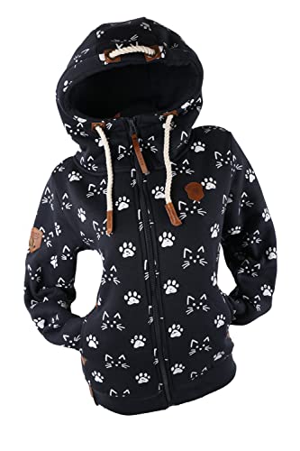 VIN TE Damen Sweat Jacke Kapuze Hoodie Fleece Übergangsjacke Anker meliert oder Unifarben S-7XL (Blau-Cat2077, XXL) von VIN TE