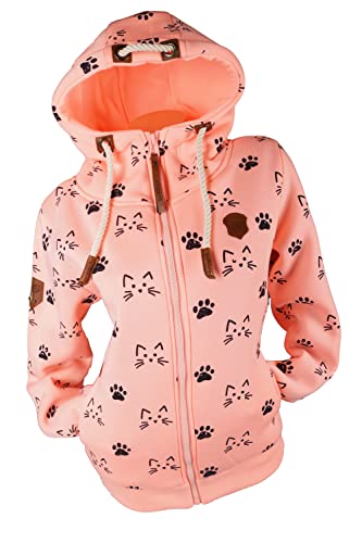 VIN TE Damen Sweat Jacke Kapuze Hoodie Fleece Übergangsjacke Anker meliert oder Unifarben S-7XL (Rosa-Cat2077, 3XL) von VIN TE