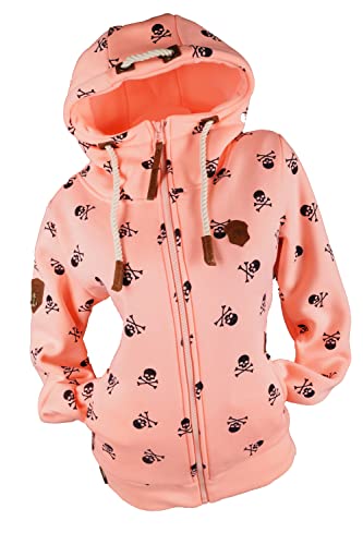 VIN TE Damen Sweat Jacke Kapuze Hoodie Fleece Übergangsjacke Anker meliert oder Unifarben S-7XL (Rosa-Skull2073, M) von VIN TE