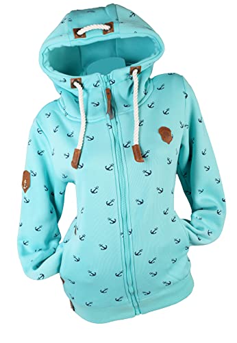VIN TE Damen Sweat Jacke Kapuze Hoodie Fleece Übergangsjacke Anker meliert oder Unifarben S M L XL 2XL 3XL (Aquablau-Anker2040, 3XL) von VIN TE
