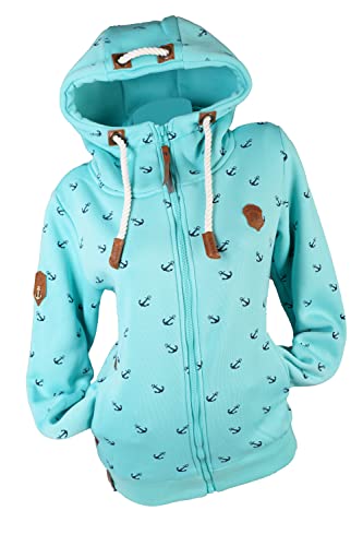 VIN TE Damen Sweat Jacke Kapuze Hoodie Fleece Übergangsjacke Anker meliert oder Unifarben S M L XL 2XL 3XL (Aquablau-Anker2040, XXL) von VIN TE