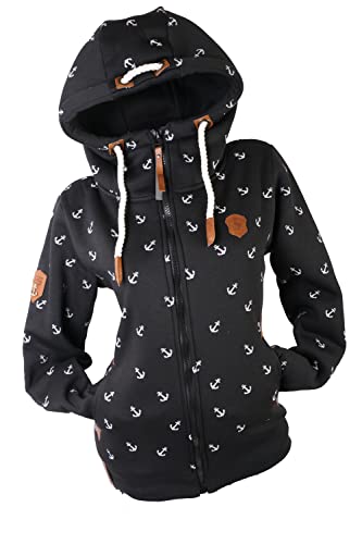 VIN TE Damen Sweat Jacke Kapuze Hoodie Fleece Übergangsjacke Anker meliert oder Unifarben S M L XL 2XL 3XL (Schwarz-Anker2040, L) von VIN TE
