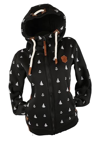 VIN TE Damen Sweat Jacke Kapuze Hoodie Fleece Übergangsjacke verschiedene Designs Schleifen Boote Anker M-3XL (DE/NL/SE/PL, Alphanumerisch, L, Regular, Regular, Schwarz-2132) von VIN TE