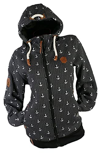 VIN TE Damen Sweat Jacke Kapuze Hoodie Fleece gefüttert Übergangsjacke Anker gepunktet M-7XL (Schwarz, 3XL) von VIN TE