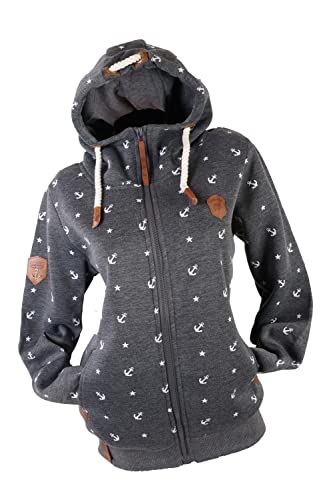 VIN TE Damen Sweat Jacke Kapuze Hoodie Fleece gefüttert Übergangsjacke Anker gepunktet Sterne Anker M-7XL (Anthrazit-Anker/Sterne, M) von VIN TE