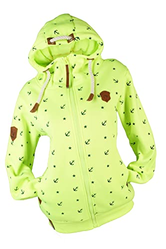 VIN TE Damen Sweat Jacke Kapuze Hoodie Fleece gefüttert Übergangsjacke Anker gepunktet Sterne Anker M-7XL (Neongelb-Anker/Sterne, XXL) von VIN TE