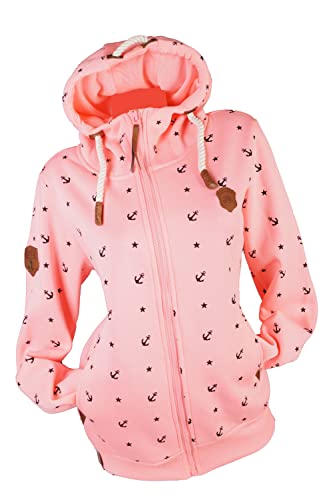 VIN TE Damen Sweat Jacke Kapuze Hoodie Fleece gefüttert Übergangsjacke Anker gepunktet Sterne Anker M-7XL (Neonrosa-Anker_Sterne, M) von VIN TE