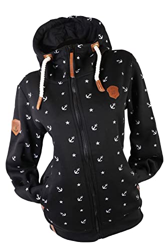 VIN TE Damen Sweat Jacke Kapuze Hoodie Fleece gefüttert Übergangsjacke Anker gepunktet Sterne Anker M-7XL (Schwarz-Anker/Sterne, M) von VIN TE