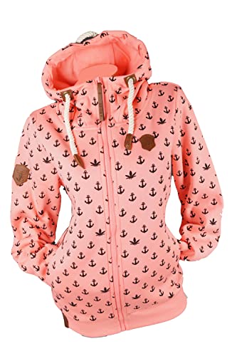 VIN TE Damen Sweat Jacke Kapuze Hoodie Fleece gefüttert Übergangsjacke Anker gepunktet Sterne Anker M-7XL (as3, alpha, l, regular, regular, Neonrosa-178/179, L) von VIN TE