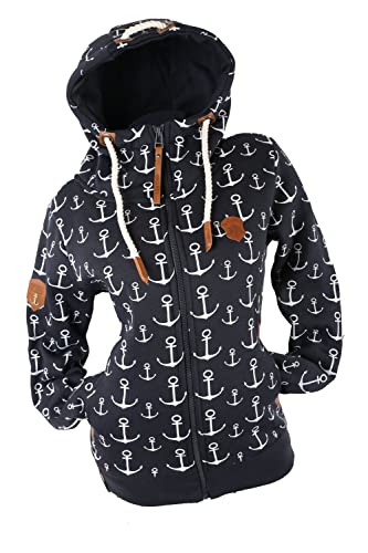 VIN TE Damen Sweat Jacke Kapuze Hoodie Fleece gefüttert Übergangsjacke Verschiedene Modelle Anker Sterne Herz (Blau-2069, M) von VIN TE
