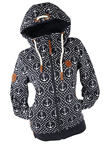 VIN TE Damen Sweat Jacke Kapuze Hoodie Fleece gefüttert Übergangsjacke Verschiedene Modelle Anker Sterne Herz (Blau-2071, XXL) von VIN TE