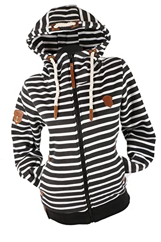 VIN TE Damen Sweat Jacke Kapuze Hoodie Übergangsjacke Fleece gefüttert Anker Dots Gestreift Streifen M-3XL (as3, alpha, 3x_l, regular, regular, Schwarz-2113, 3XL) von VIN TE