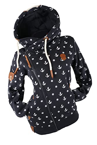 VIN TE Damen Sweat Jacke XXL Kapuze Hoodie Übergangsjacke Fleece gefüttert schräger Reißverschluss verschiedene Modelle Anker Pfote M - 3XL (as3, alpha, l, regular, regular, Blau-1797, L) von VIN TE