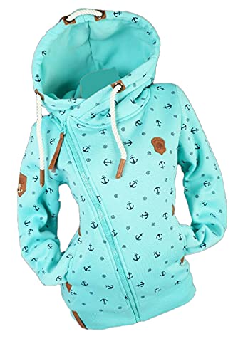 VIN TE Damen Sweat Jacke XXL Kapuze Hoodie Übergangsjacke Fleece gefüttert schräger Reißverschluss verschiedene Modelle Anker Pfote M - 3XL (as3, alpha, m, regular, regular, Aquablau-2059, M) von VIN TE