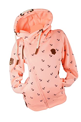 VIN TE Damen Sweat Jacke XXL Kapuze Hoodie Übergangsjacke Fleece gefüttert schräger Reißverschluss verschiedene Modelle Anker Pfote M - 3XL (as3, alpha, m, regular, regular, Rosa-2039, M) von VIN TE