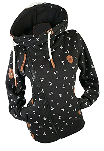 VIN TE Damen Sweat Jacke XXL Kapuze Hoodie Übergangsjacke Fleece gefüttert schräger Reißverschluss verschiedene Modelle Anker Pfote M - 3XL (as3, alpha, m, regular, regular, Schwarz-2059, M) von VIN TE