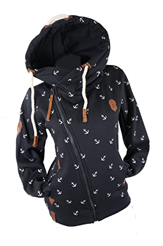 VIN TE Damen Sweat Jacke XXL Kapuze Hoodie Übergangsjacke Fleece gefüttert schräger Reißverschluss verschiedene Modelle Anker Pfote M - 3XL (as3, alpha, xx_l, regular, regular, Blau-2039, XXL) von VIN TE