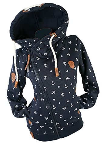 VIN TE Damen Sweat Jacke XXL Kapuze Hoodie Übergangsjacke Fleece gefüttert schräger Reißverschluss verschiedene Modelle Anker Pfote M - 3XL (as3, alpha, xx_l, regular, regular, Blau-2059, XXL) von VIN TE