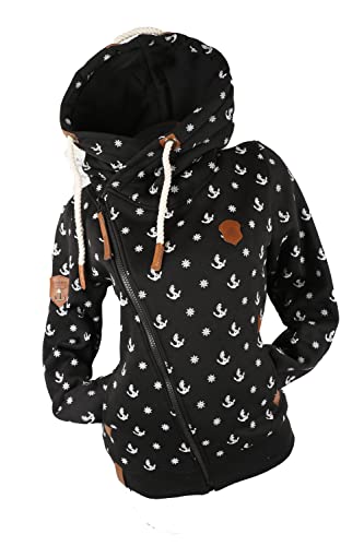 VIN TE Damen Sweat Jacke XXL Kapuze Hoodie Übergangsjacke Fleece gefüttert schräger Reißverschluss verschiedene Modelle Anker Pfote M - 3XL (as3, alpha, xx_l, regular, regular, Schwarz-1797, XXL) von VIN TE