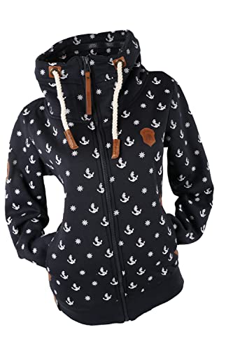 VIN TE Damen Sweat Jacke ohne Kapuze mit Stehkragen Fleece Übergangsjacke Anker Motiv oder Unifarben M L XL 2XL 3XL (as3, alpha, x_l, regular, regular, Blau-2066, XL) von VIN TE