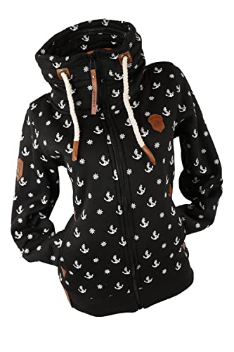 VIN TE Damen Sweat Jacke ohne Kapuze mit Stehkragen Fleece Übergangsjacke Anker Motiv oder Unifarben M L XL 2XL 3XL (as3, alpha, xx_l, regular, regular, Schwarz-2066, XXL) von VIN TE