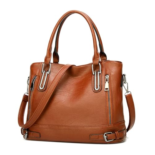 VINBAGGE Damen Handtasche Leder Henkeltasche Top Griff Tasche Vintage Weiches Umhängetasche Schultertasche für Frauen (Orange Braun b) von VINBAGGE